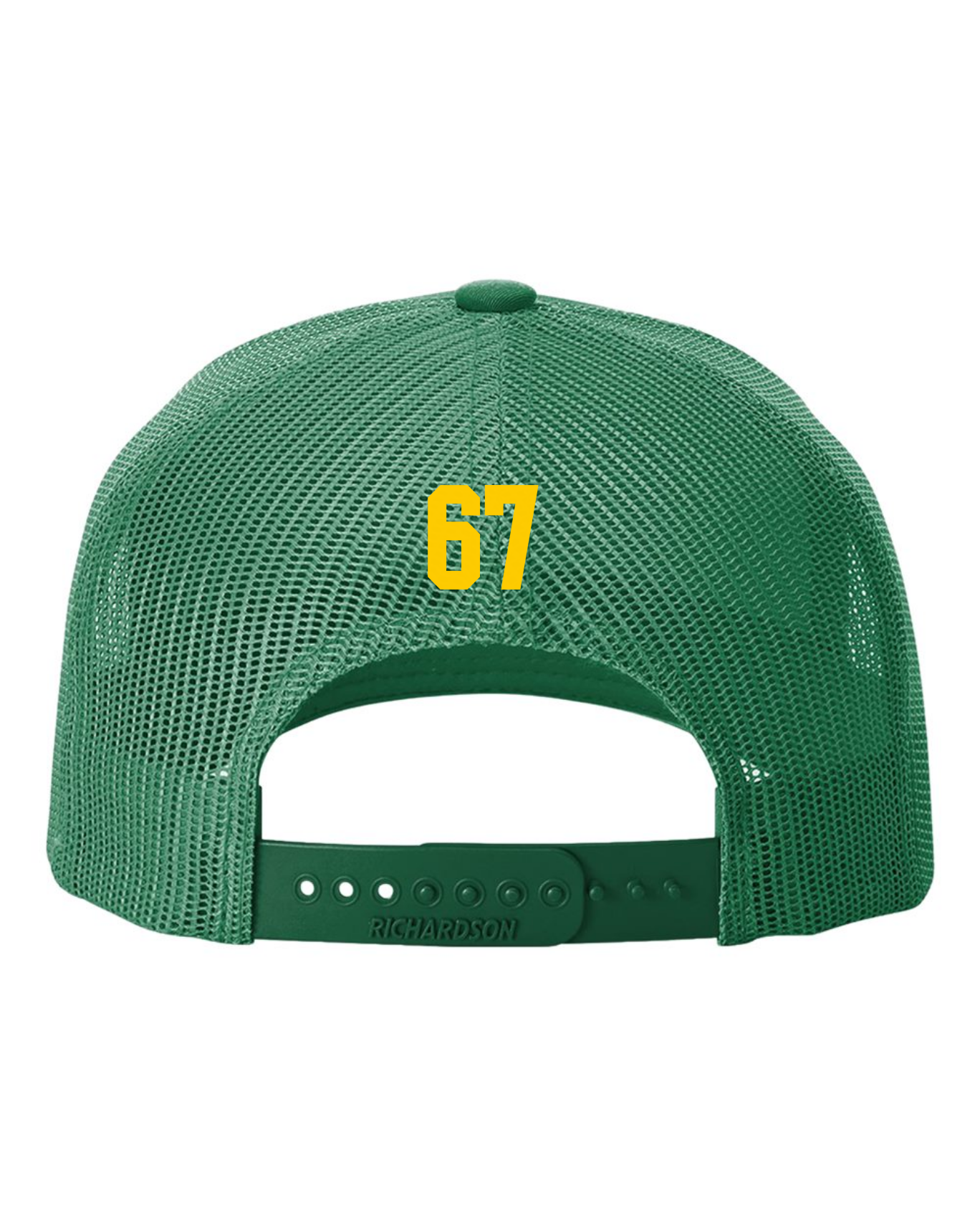 Back of green Team MN Hockey trucker hat showing player number 67 in yellow