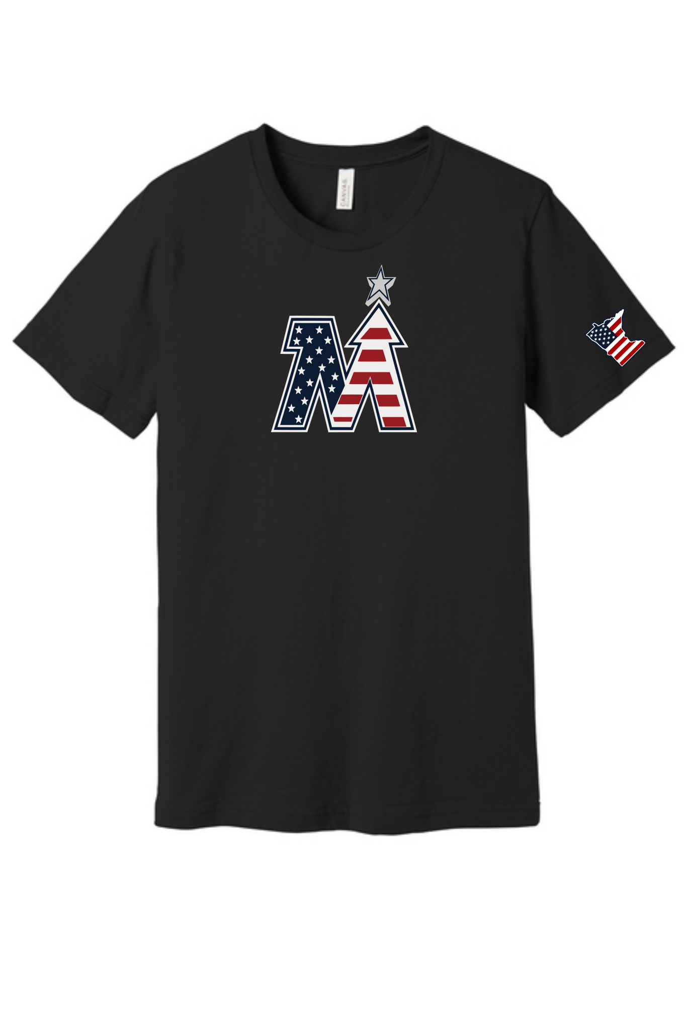 Navy t-shirt with a patriotic design on a white background