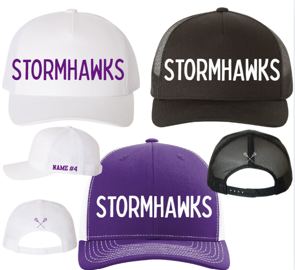 Custom structured trucker hat with 3D puff Stormhawks lacrosse embroidery in purple, white, and black