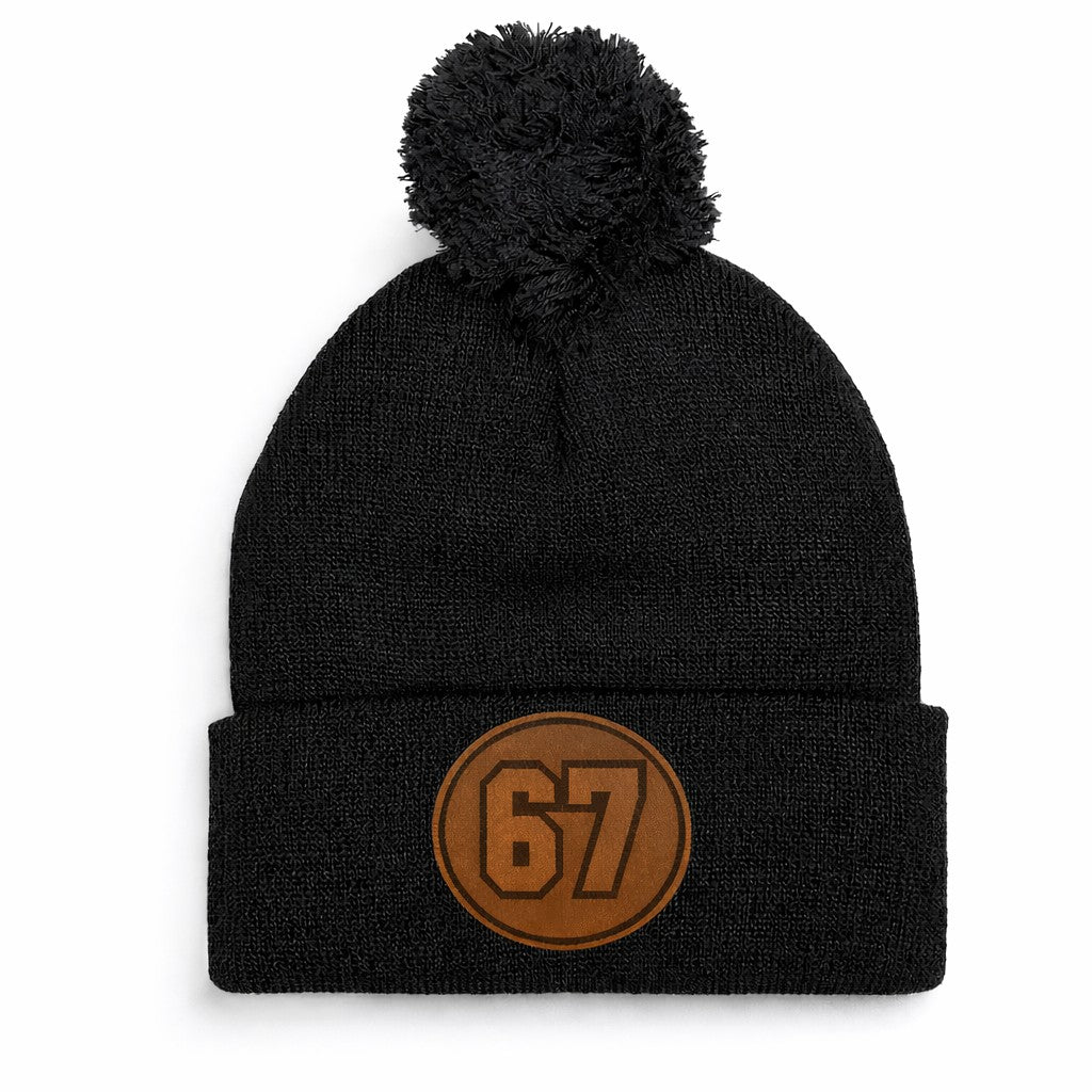 Pom Knit Beanie - Leatherette Patch