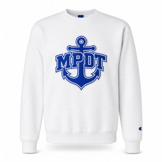 MPDT Champion Powerblend unisex twill crew sweatshirt in white