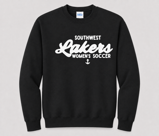 Southwest Lakers Women's Soccer Script Printed Crewneck Sweatshirt in Black