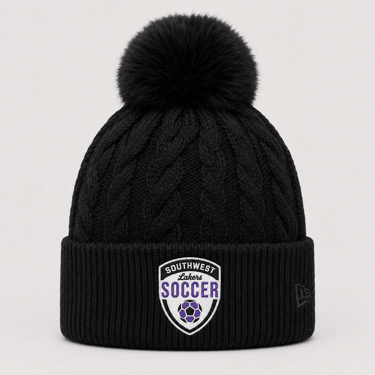Southwest Lakers Soccer shield New Era faux fur pom beanie in black