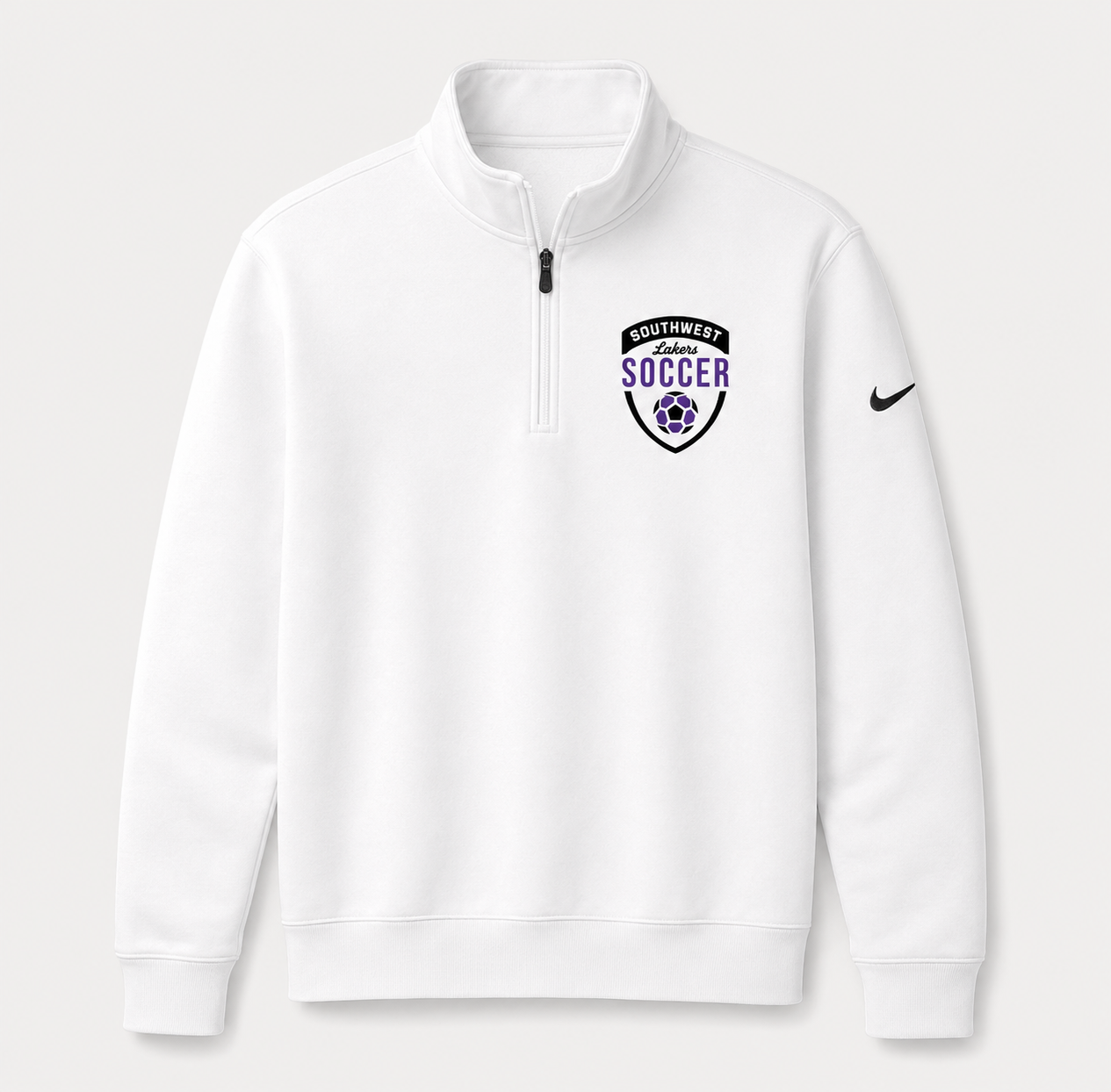 Southwest Lakers Soccer shield Nike Club Fleece half zip in white