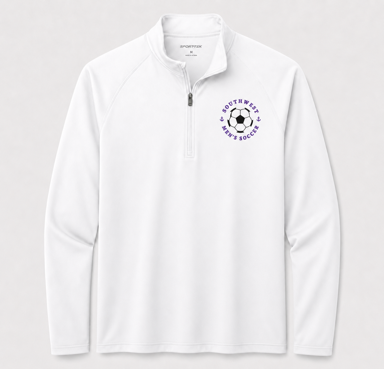 Southwest men's soccer ball Sport-Tek quarter zip in white