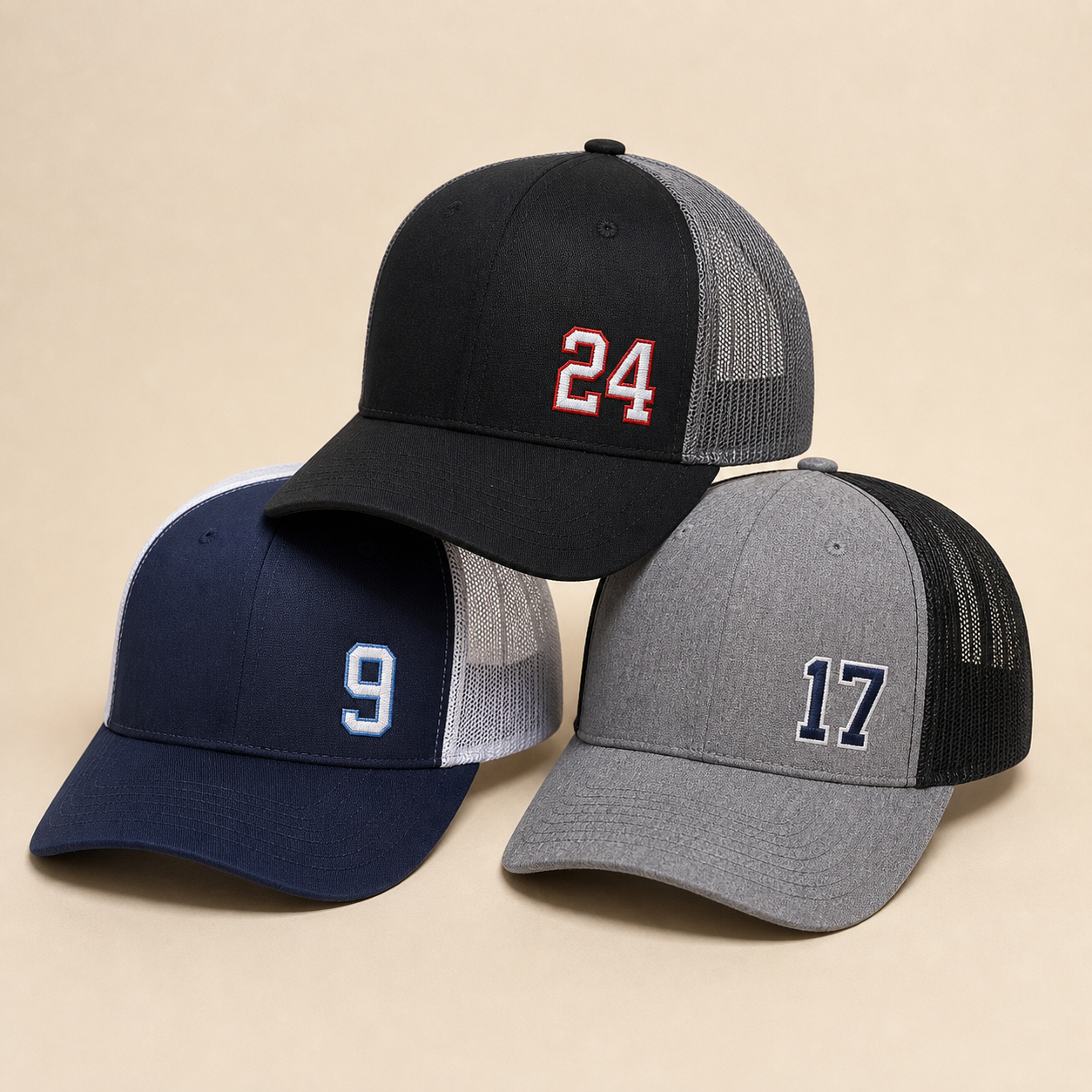 Custom hockey number trucker hats with embroidered number details by TTN Custom Apparel