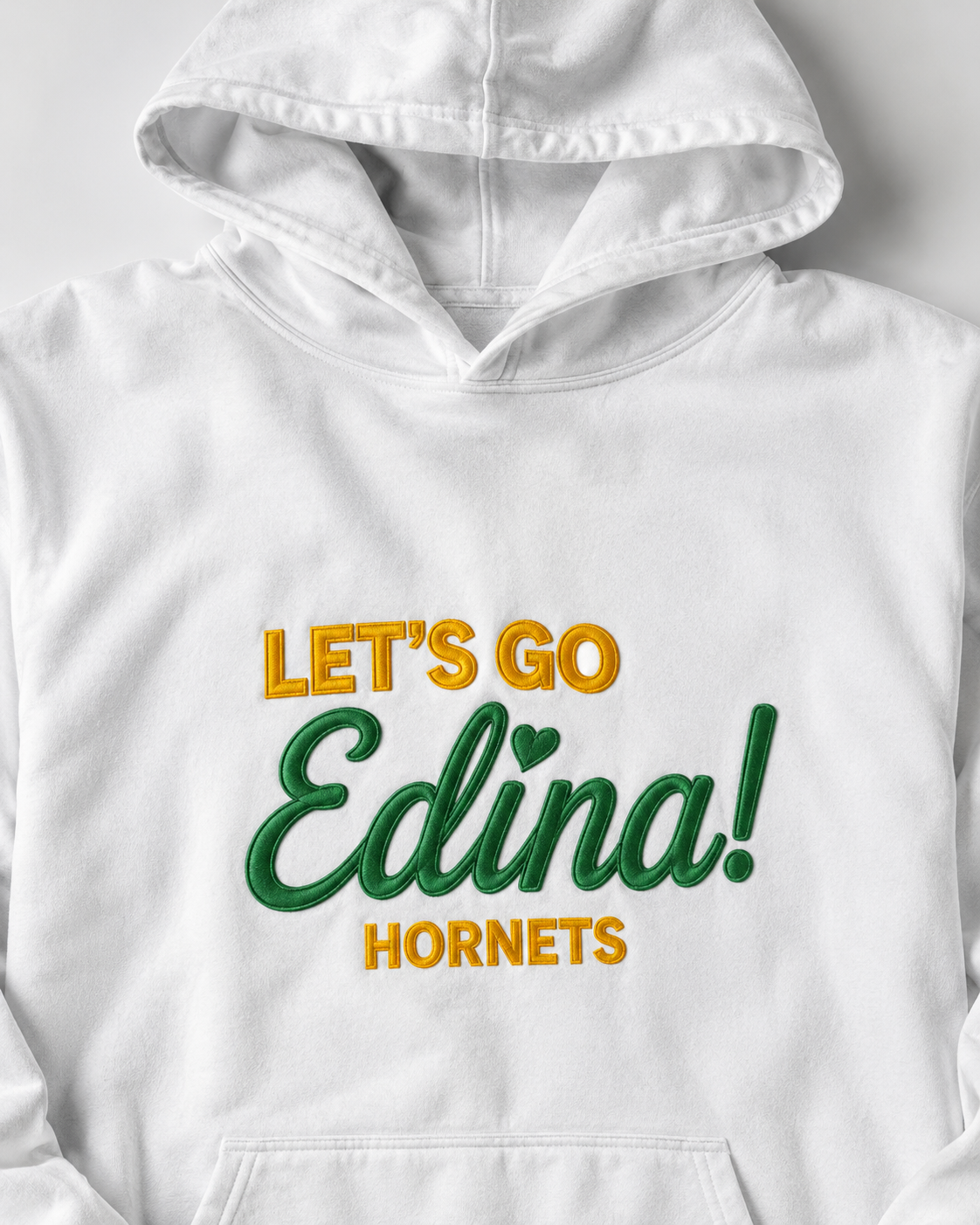 Finished custom school spirit hoodie with layered embroidery
