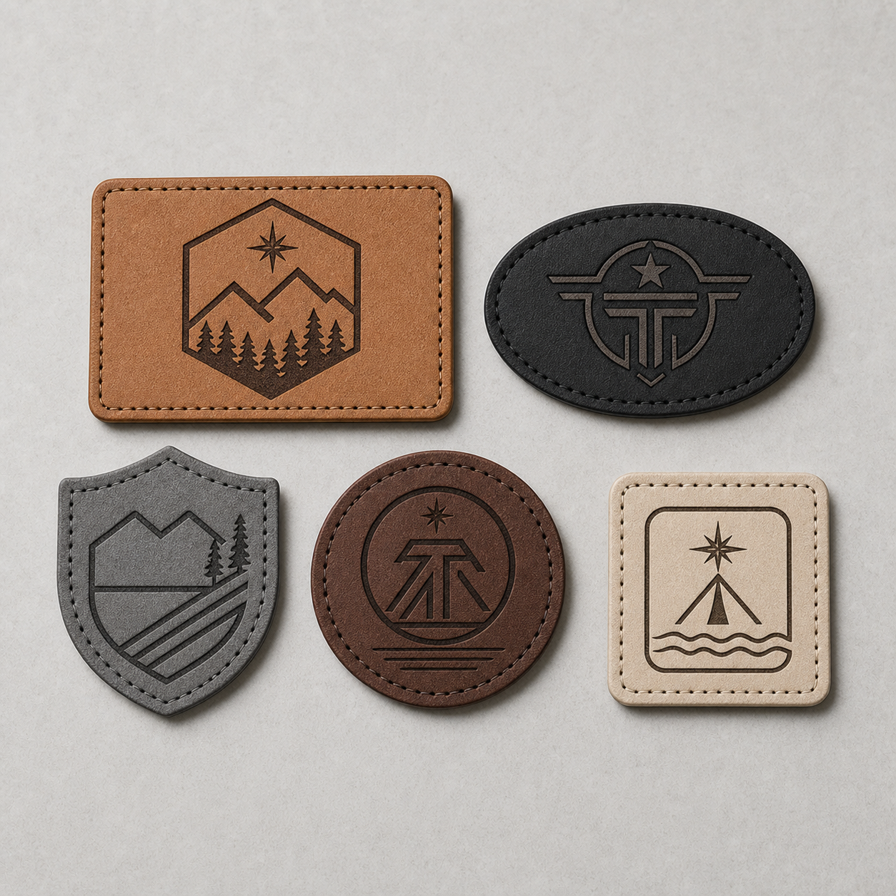 Custom laser engraved leatherette patches in multiple colors and shapes