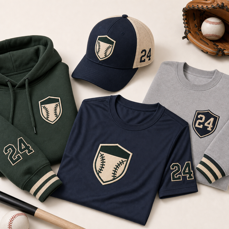 Custom baseball team gear with embroidered hat, hoodie, and performance tee by TTN Custom Apparel