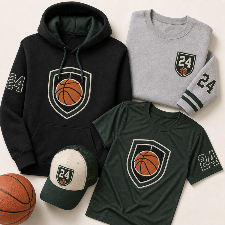 Custom basketball team apparel with hoodie, tee, crewneck, and hat by TTN Custom Apparel