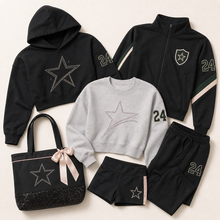 Custom dance team apparel with hoodie, warmup layer, crewneck, and tote by TTN Custom Apparel