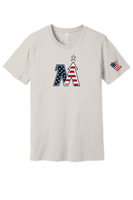 Beige t-shirt with American flag design on a white background