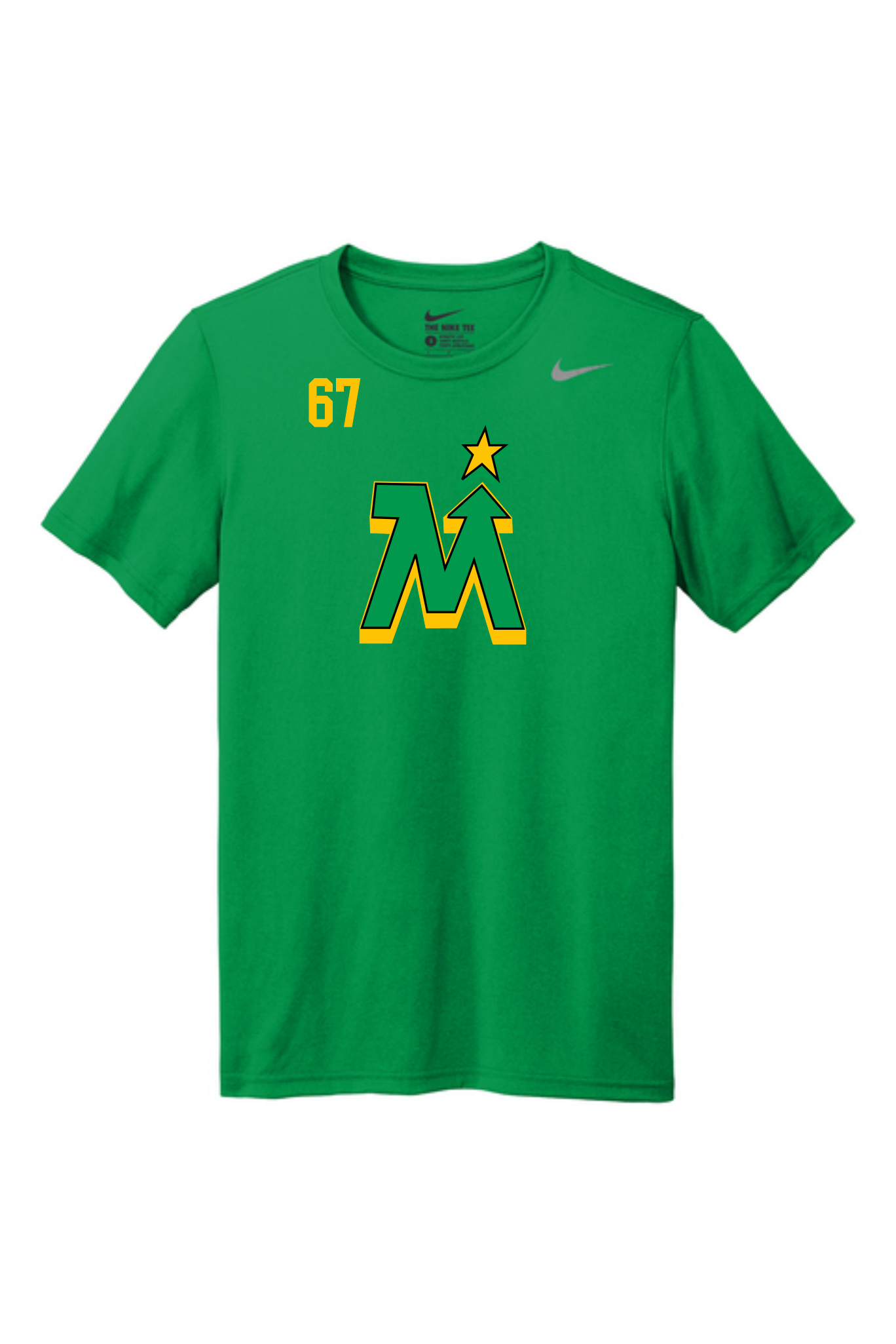 Green Nike Team MN Hockey performance t-shirt with logo and player number 67