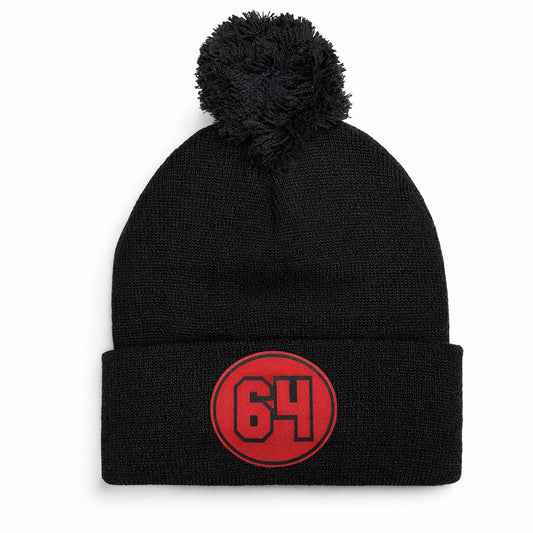 Pom Knit Beanie - Leatherette Patch