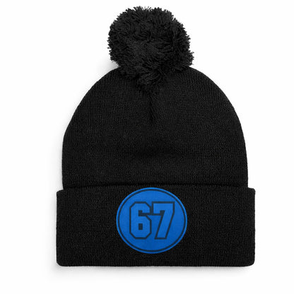 Pom Knit Beanie - Leatherette Patch
