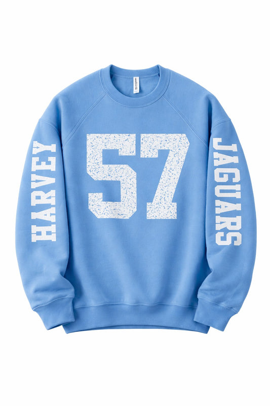 Blue sweatshirt with 'Harvey 57 Jaguars' text on a white background
