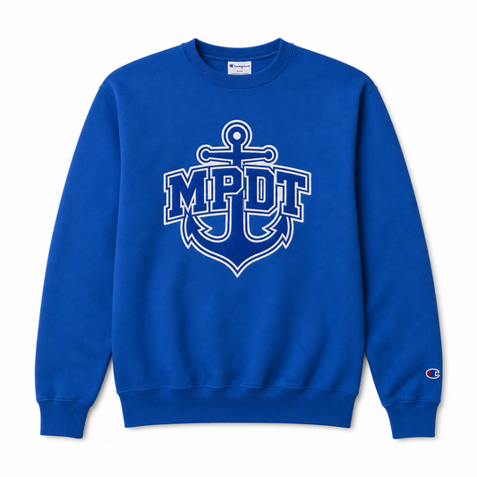 MPDT Champion Powerblend unisex twill crew sweatshirt in royal blue