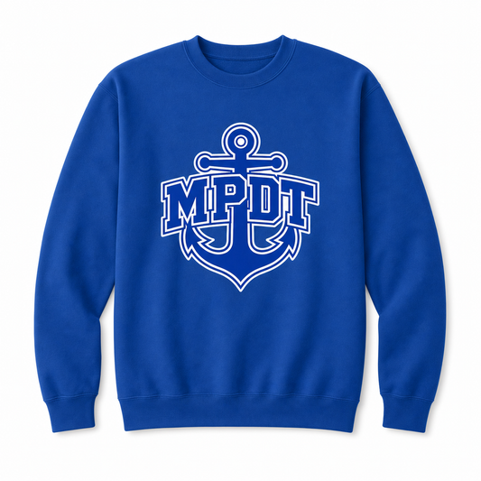 MPDT Port and Company unisex screen print crew sweatshirt in royal blue
