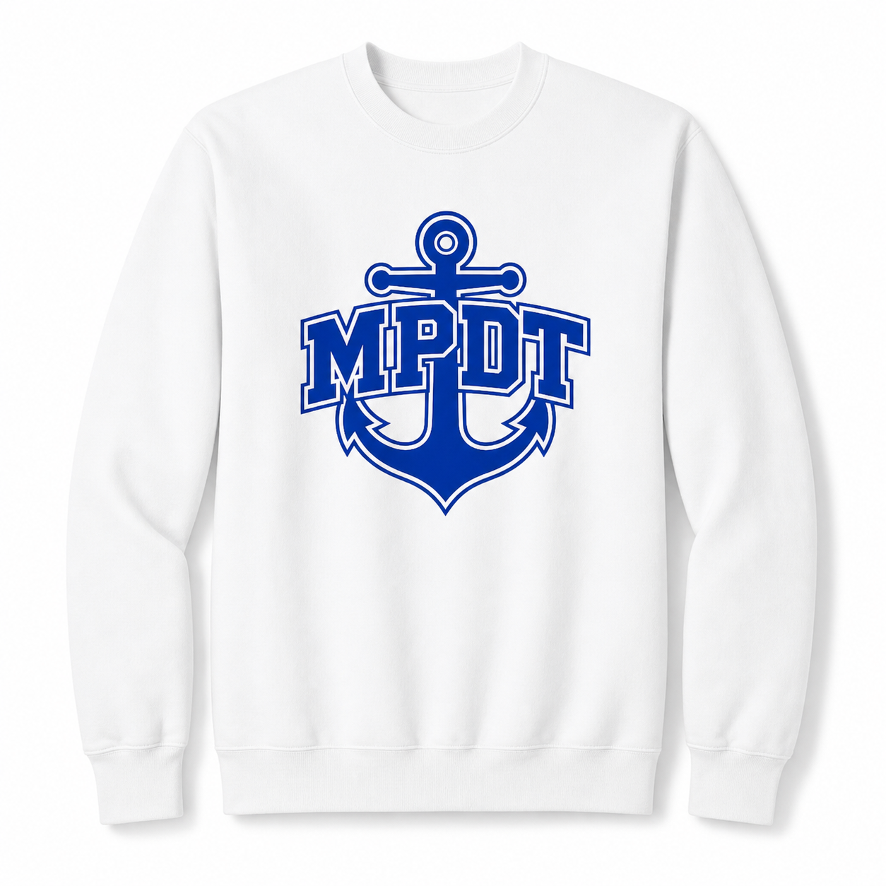 MPDT Port and Company unisex screen print crew sweatshirt in white