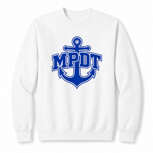 MPDT Port and Company unisex screen print crew sweatshirt in white
