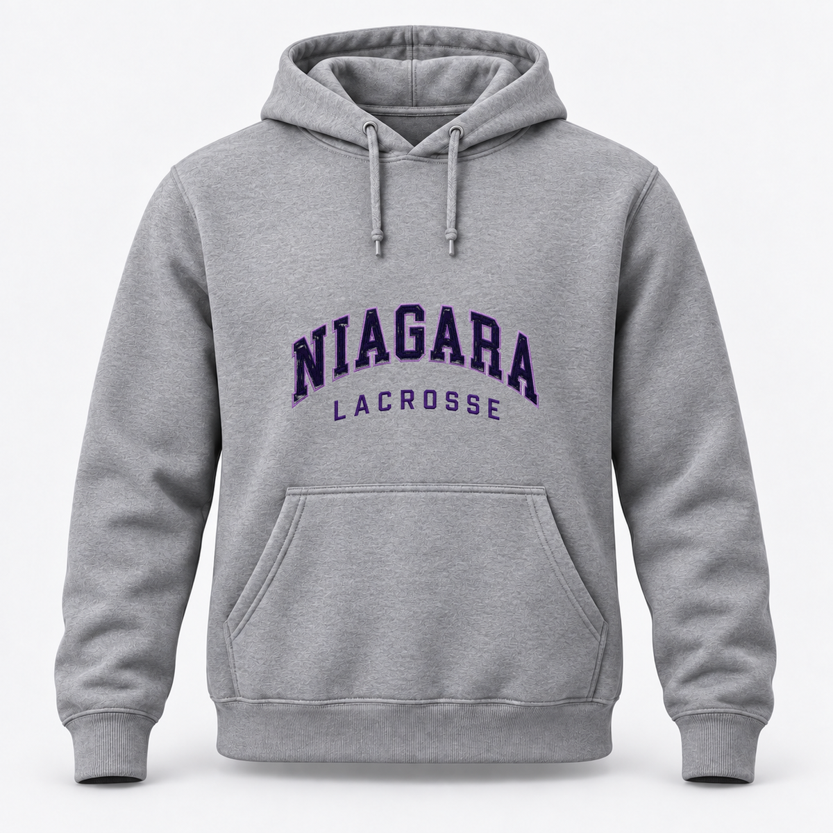 Heather Gray hoodie with the approved Niagara Lacrosse embroidery treatment