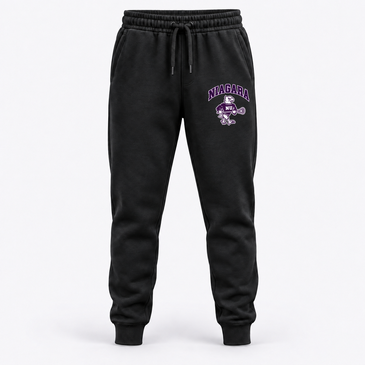 Niagara joggers monty — supplied artwork composited on concept garment; production blank pending
