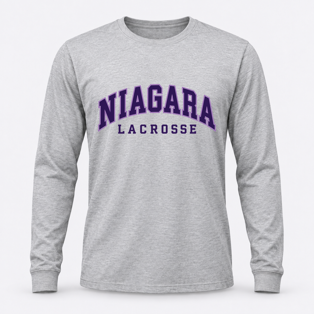 Niagara long sleeve university — supplied artwork composited on concept garment; production blank pending