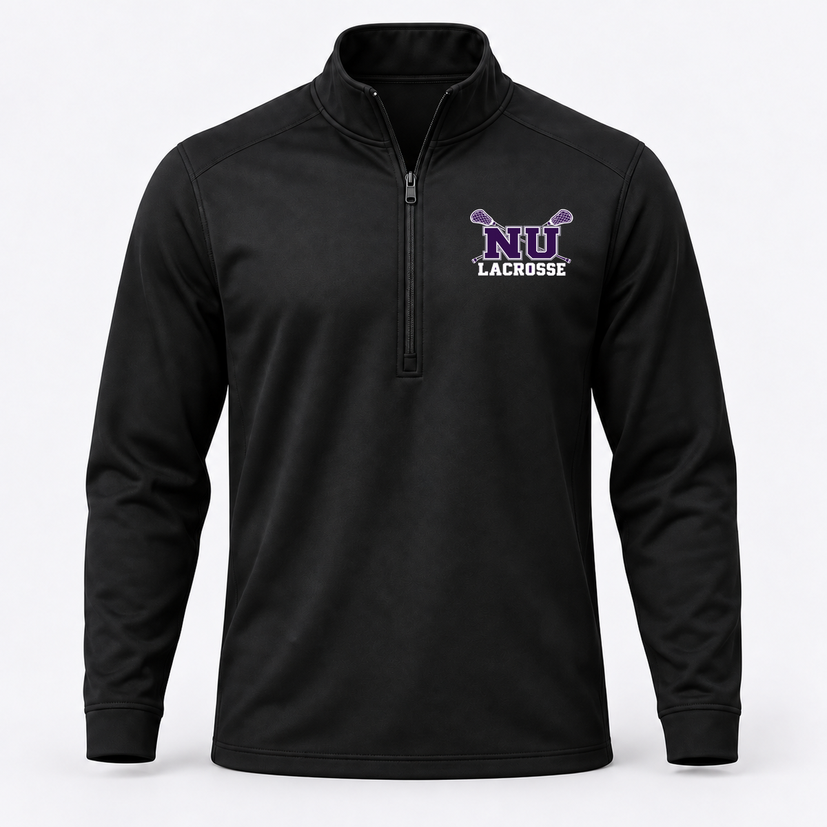Existing Niagara zip pullover with revised supplied NU + Sticks artwork — printed transfer concept