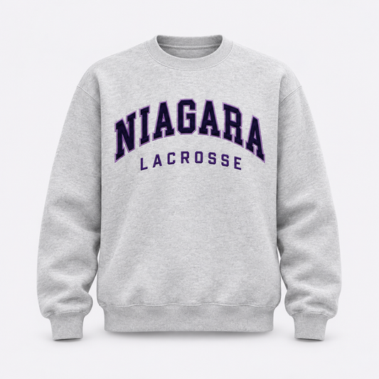 Concept mockup — Niagara Lacrosse Crewneck; final blank, colors and decoration pending approval