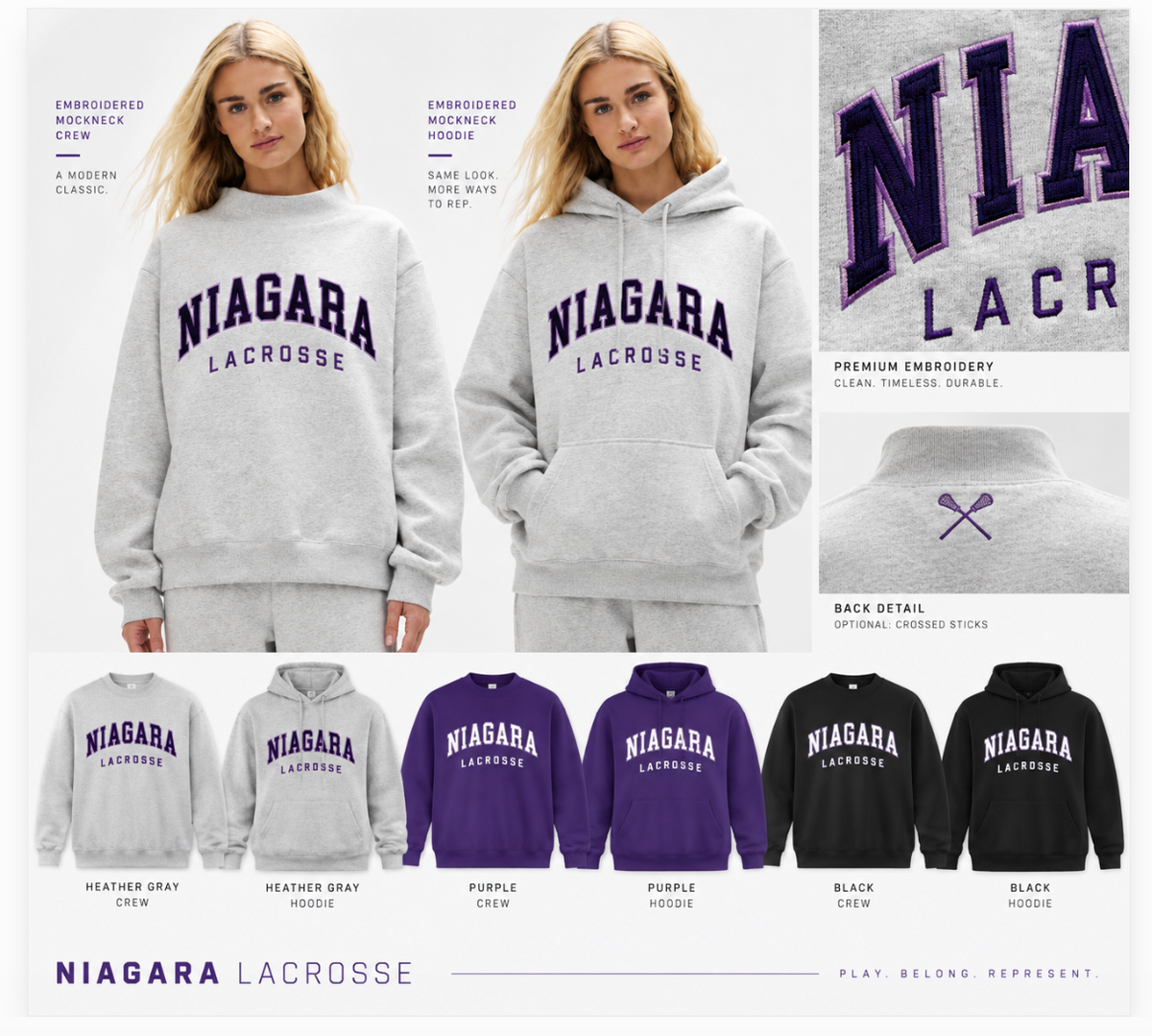 Niagara Lacrosse apparel design reference showing gray, purple and black crewnecks and hoodies