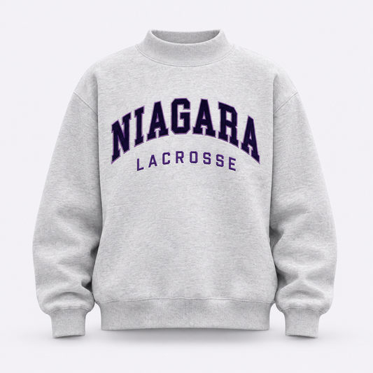 Concept mockup — Niagara Lacrosse Mockneck Sweatshirt; final blank, colors and decoration pending approval