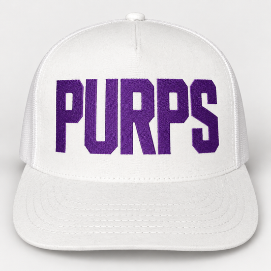 White PURPS snapback hat with tall Niagara purple embroidered block lettering, based on supplied TONKA hat reference; concept mockup