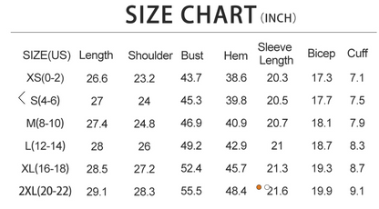 Senior Line sweatshirt size chart in inches