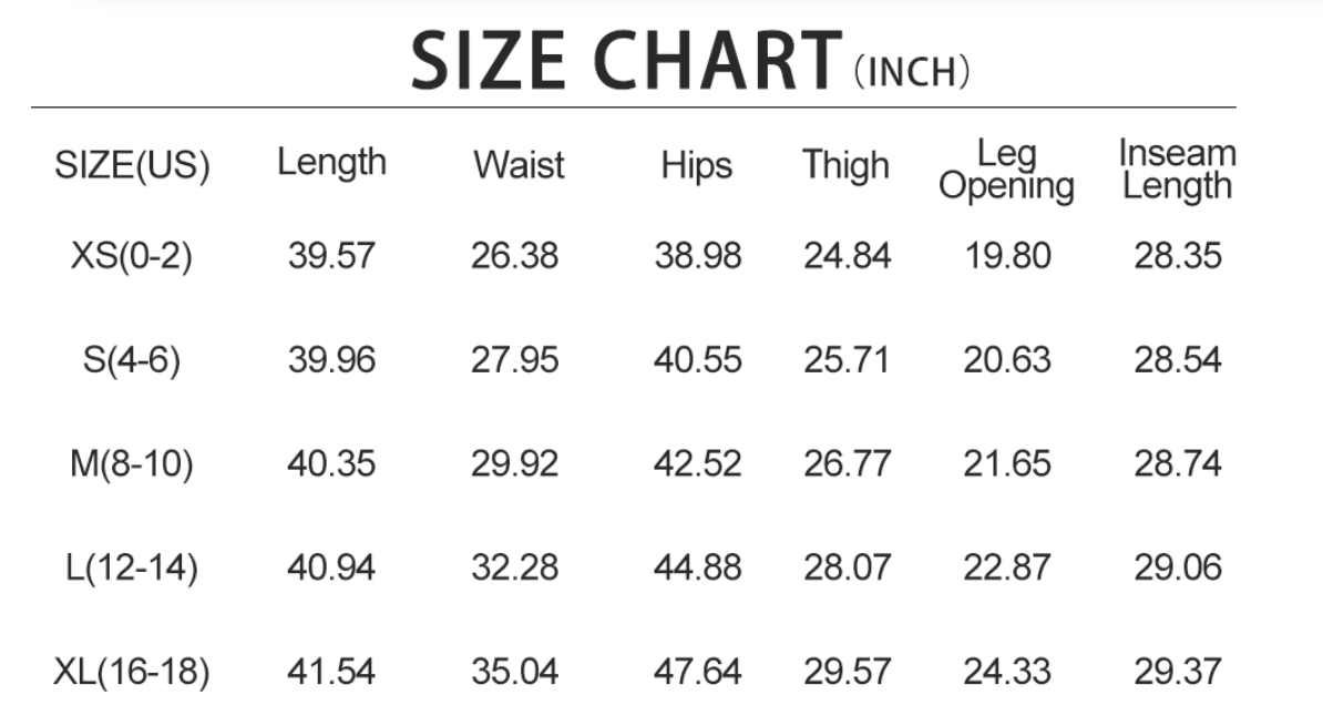Senior Line sweatpants size chart in inches