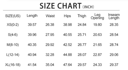 Senior Line sweatpants size chart in inches