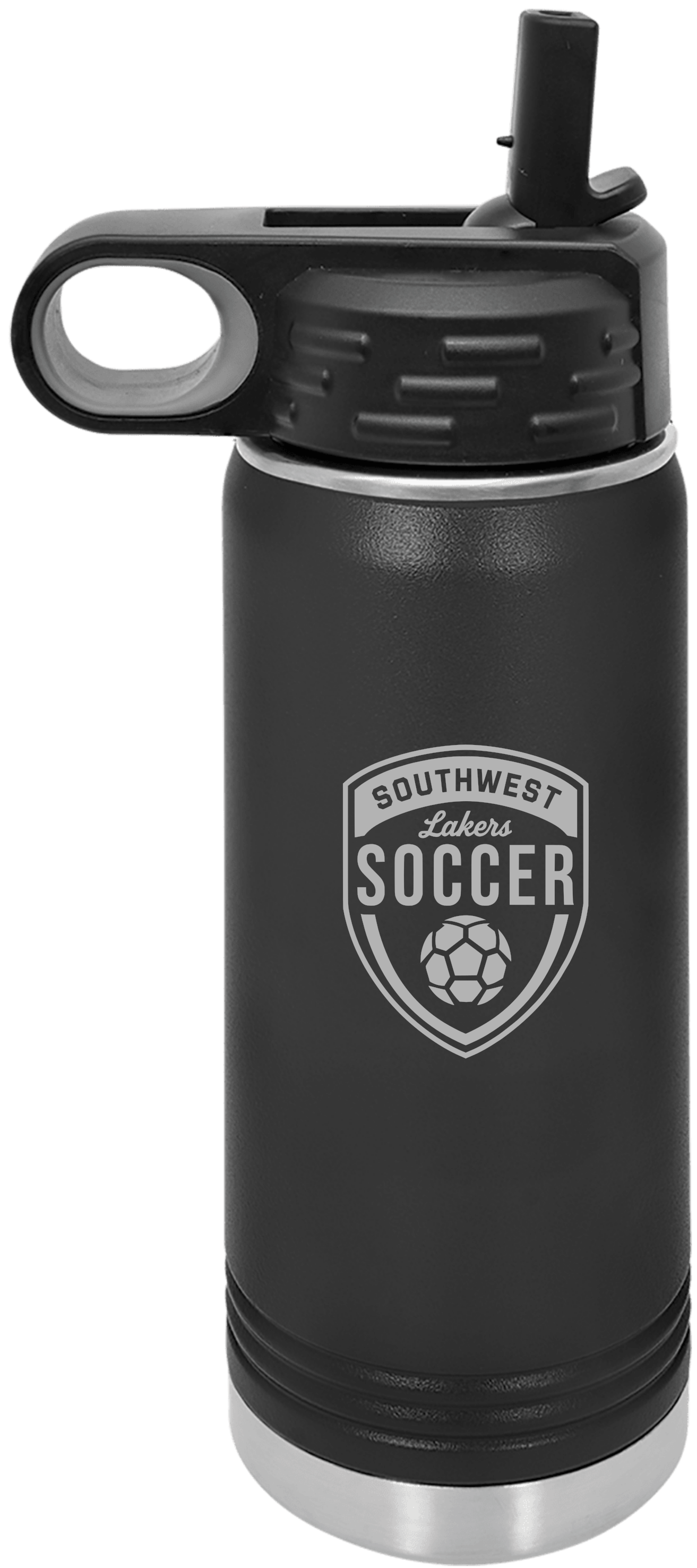 Black Southwest Lakers Soccer engraved 20 oz water bottle