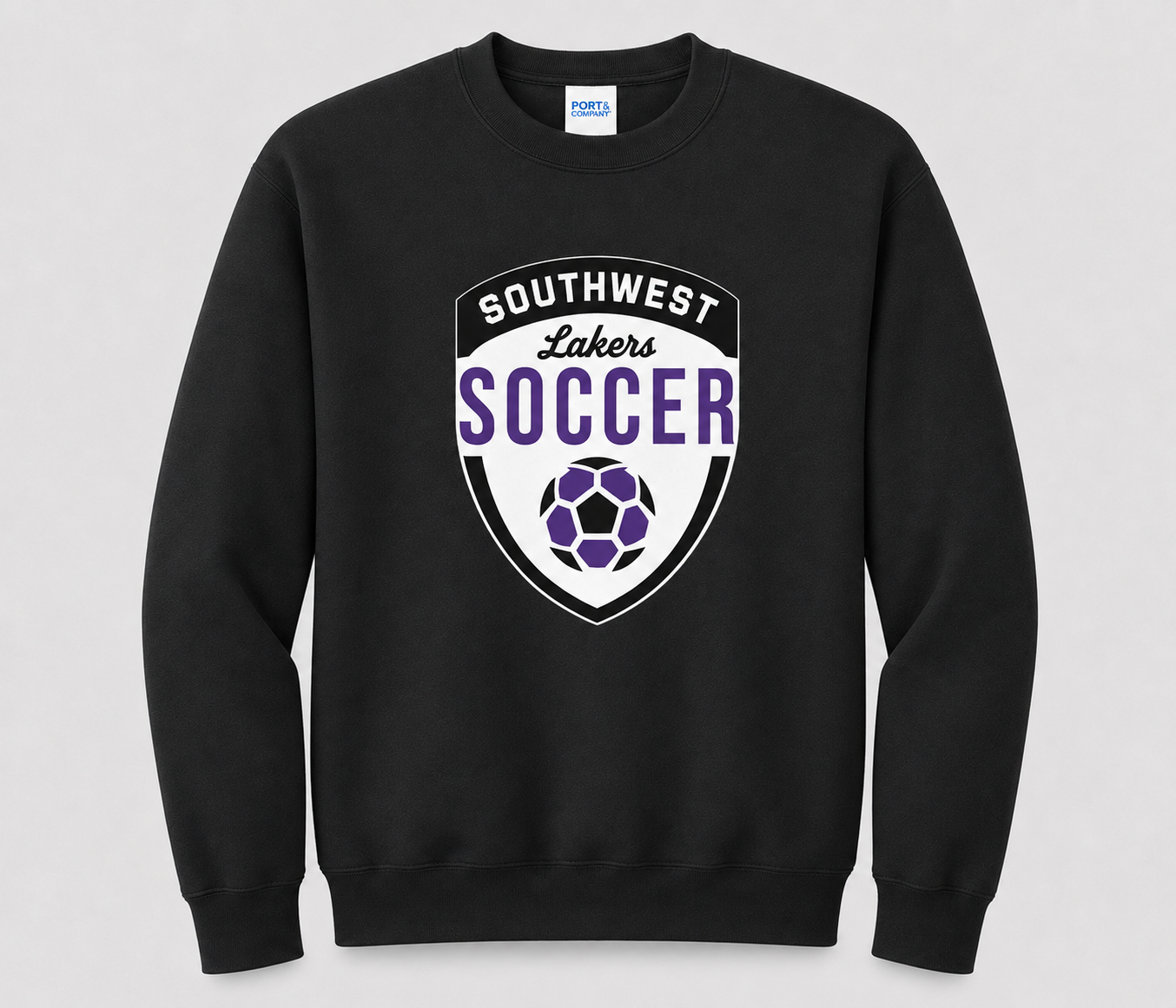 Southwest Lakers Soccer Shield Printed Crewneck Sweatshirt in Black