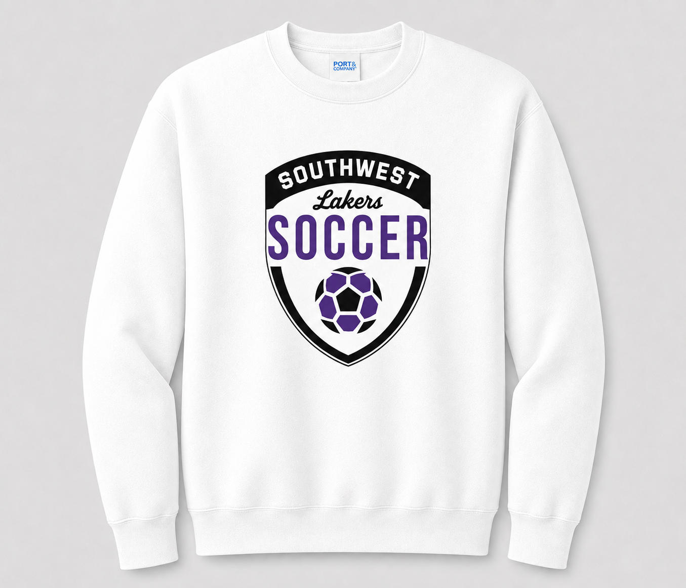 Southwest Lakers Soccer Shield Printed Crewneck Sweatshirt in White