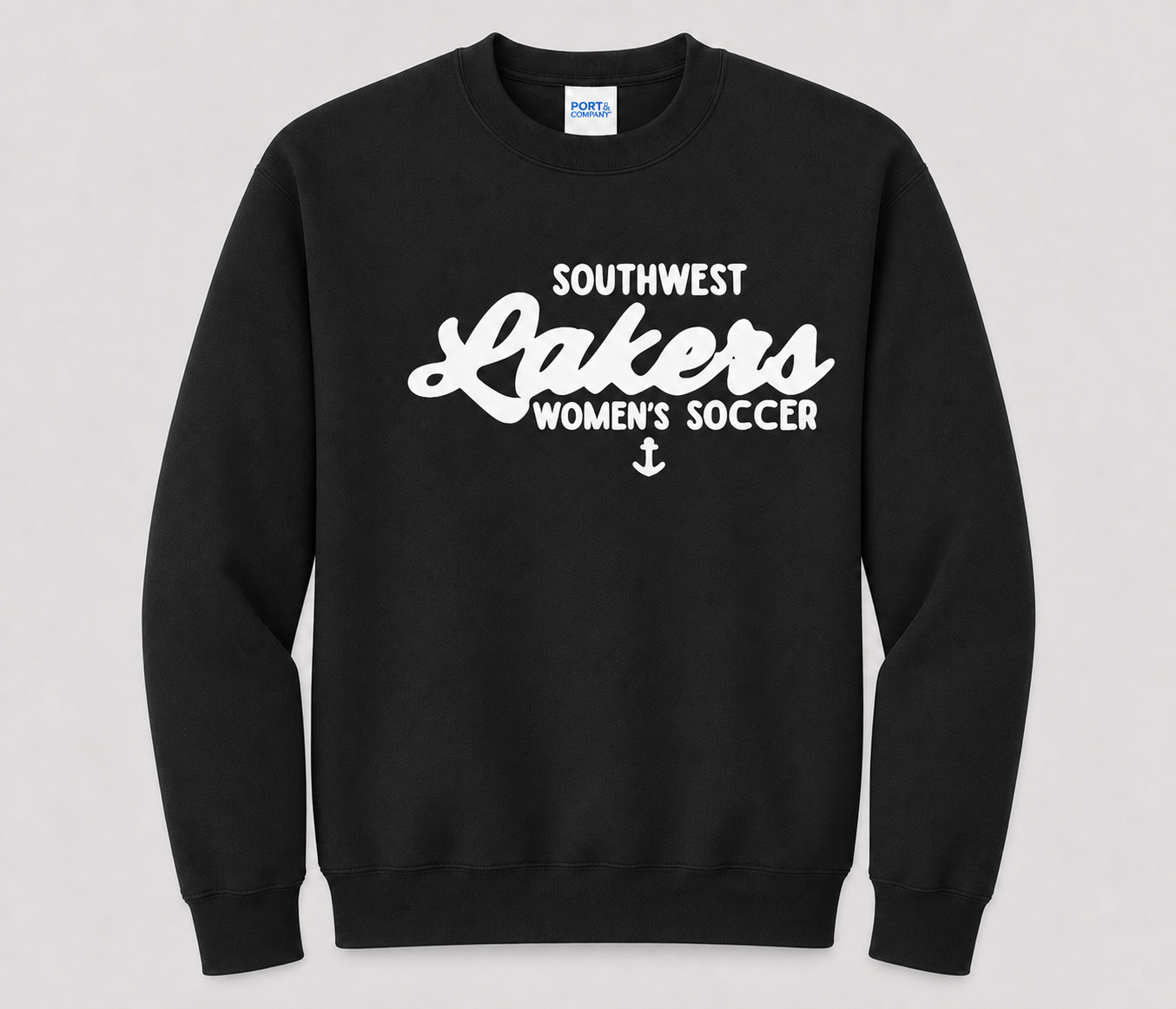 Southwest Lakers Women's Soccer Script Printed Crewneck Sweatshirt in Black