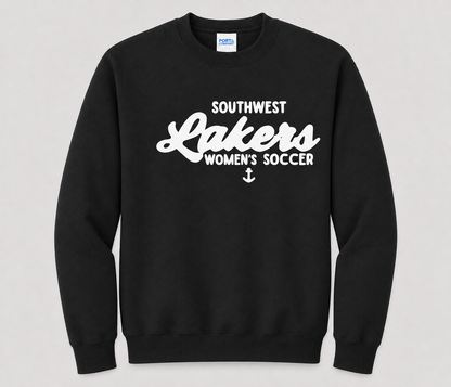 Southwest Lakers Women's Soccer Script Printed Crewneck Sweatshirt in Black