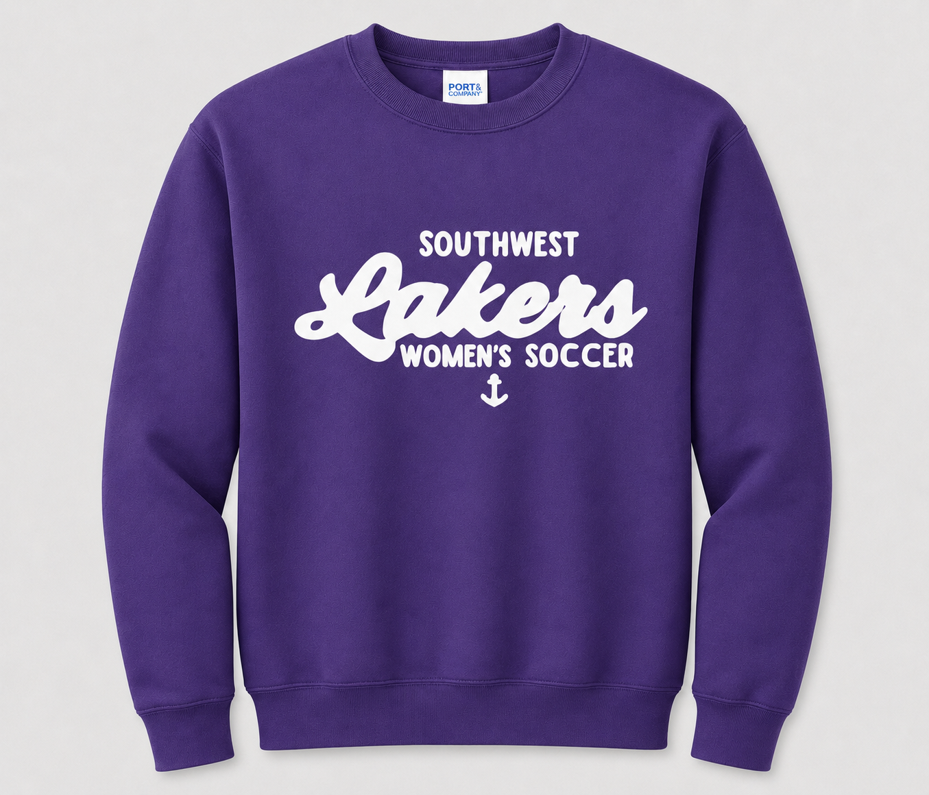 Southwest Lakers Women's Soccer Script Printed Crewneck Sweatshirt in Purple