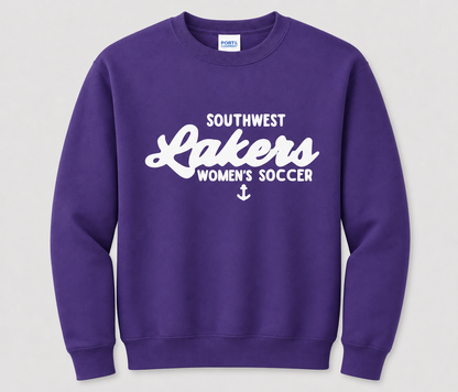 Southwest Lakers Women's Soccer Script Printed Crewneck Sweatshirt in Purple