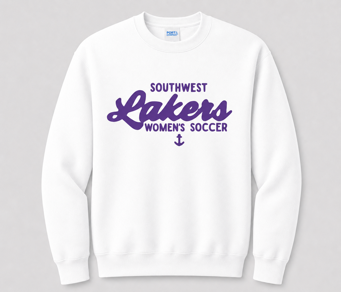 Southwest Lakers Women's Soccer Script Printed Crewneck Sweatshirt in White
