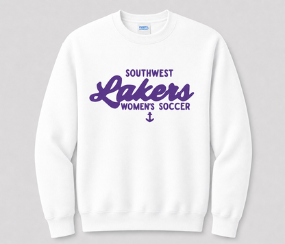 Southwest Lakers Women's Soccer Script Printed Crewneck Sweatshirt in White