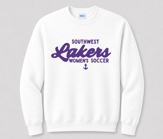 Southwest Lakers Women's Soccer Script Printed Crewneck Sweatshirt in White