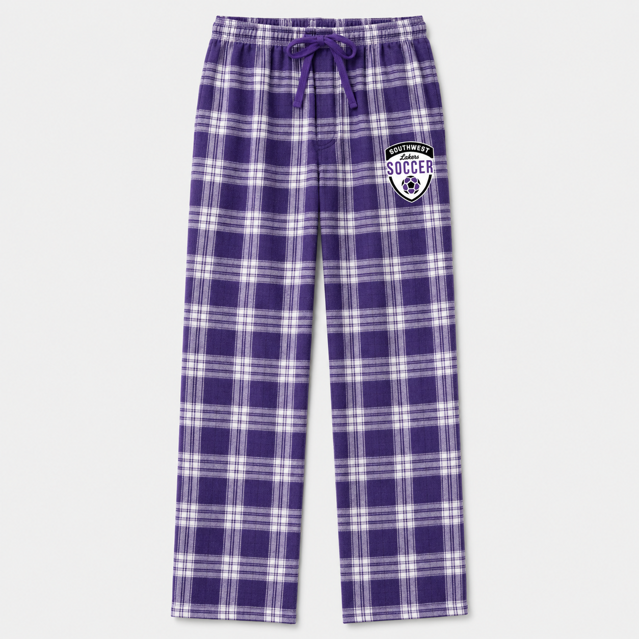 Southwest Lakers Soccer shield District plaid lounge pants in purple and white