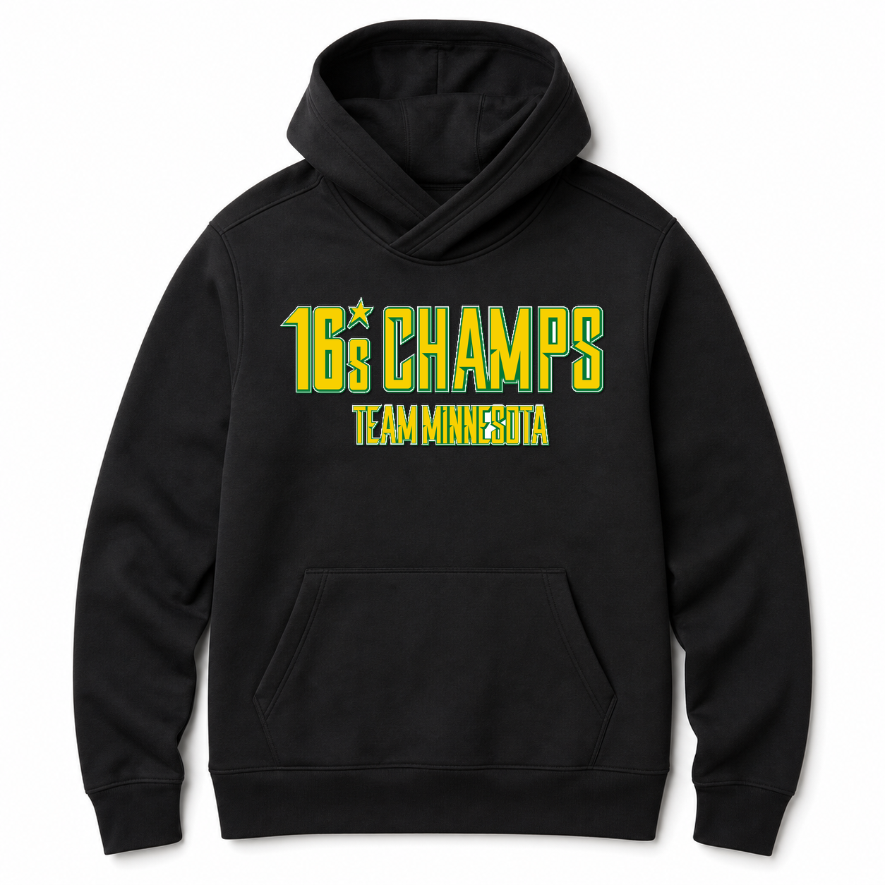 Team MN 16s Champions black twill hoodie professional mockup