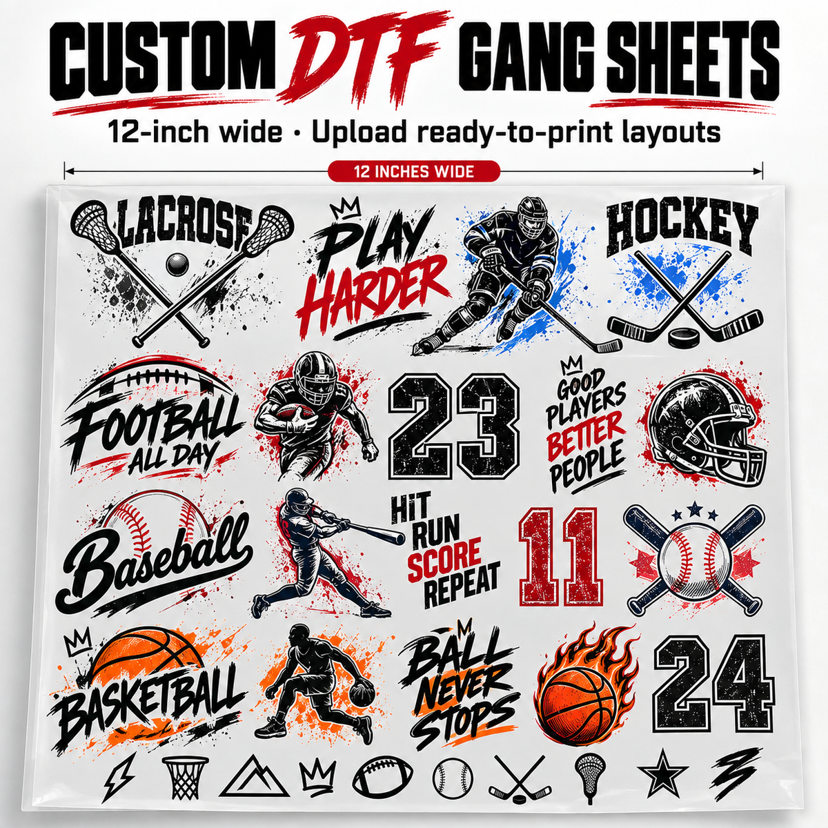 Custom 12-inch DTF sports gang sheet with hockey, lacrosse, football, baseball and basketball graphics