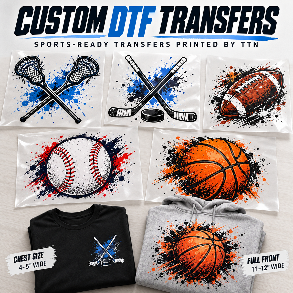 Custom DTF sports transfers including hockey, lacrosse, football, baseball and basketball designs