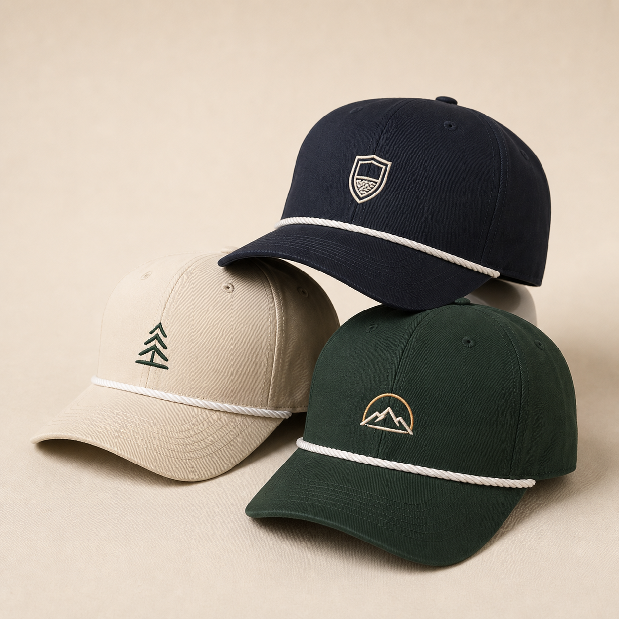 Custom embroidered rope hats in navy cream and green by TTN Custom Apparel